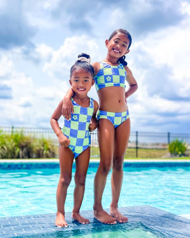 Purple & Lime Checkered 1pc Swimsuit