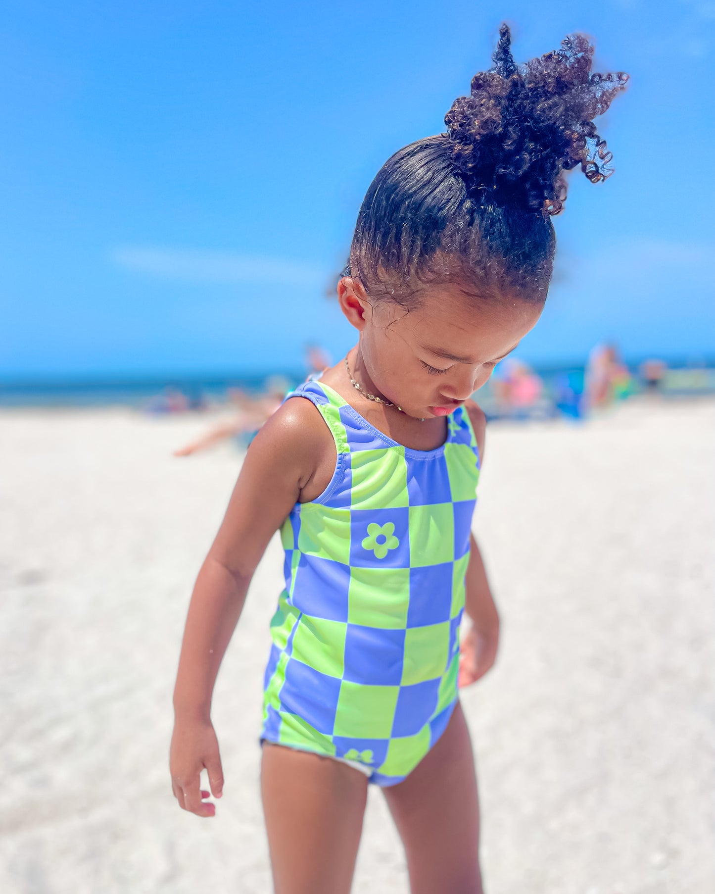 Purple & Lime Checkered 1pc Swimsuit