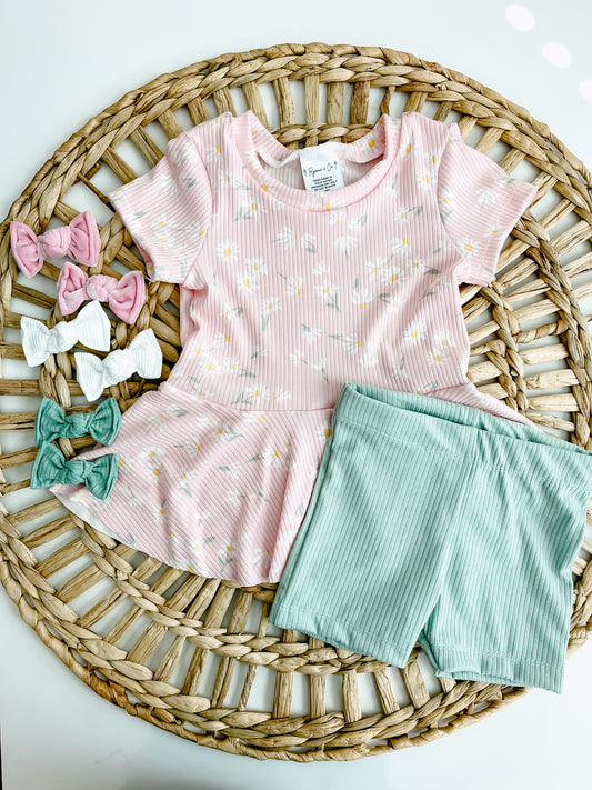 Baby Pink Daisy Rib Peplum Set, Girl Spring Outfit, Biker Shorts