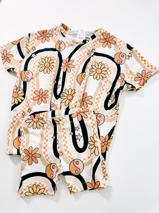 Neutral Groovy Florals & Ying Yang Oversized Tees & Biker Shorts