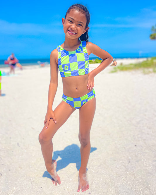 Purple & Lime Checkered 2pc Swimsuit