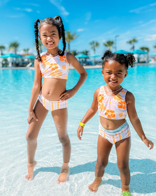 Peach Flowers & Stripes 2pc Swimsuit