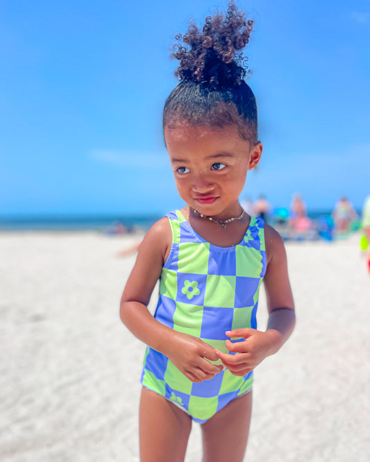 Purple & Lime Checkered 1pc Swimsuit